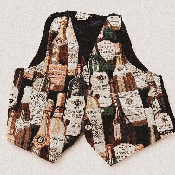 Vintage Wine Bottle Print Vest | USA-Made | Textured Fabric Quirky Button-Up LG - Picture 1 of 6
